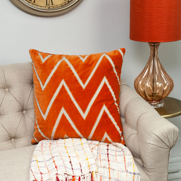 Homeroots 22" Beige And Orange Zigzag Cotton Throw Pillow With Embroidery, Applique   529206