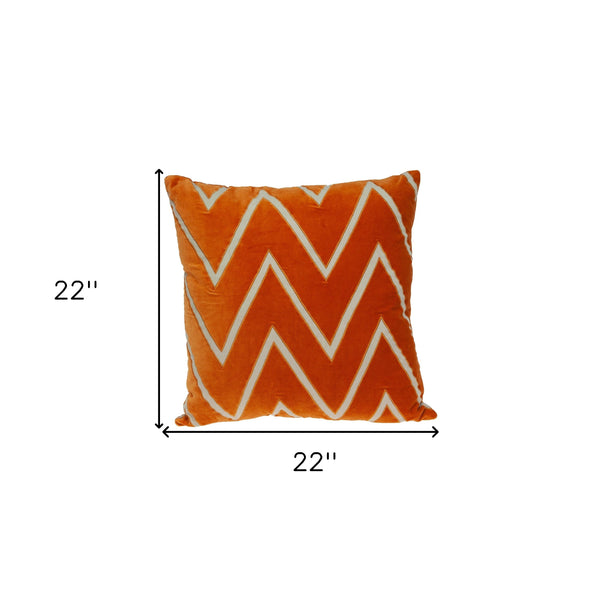 Homeroots 22" Beige And Orange Zigzag Cotton Throw Pillow With Embroidery, Applique   529206