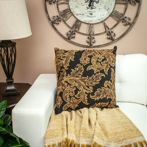 Homeroots 22" Black And Orange Floral Cotton Throw Pillow With Embroidery   529209