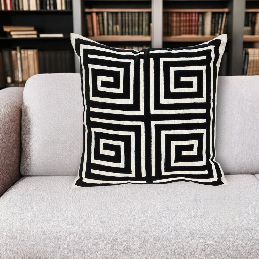 Homeroots 22" Beige And Black Geometric Polyester And Cotton Blend Throw Pillow With Applique   529210
