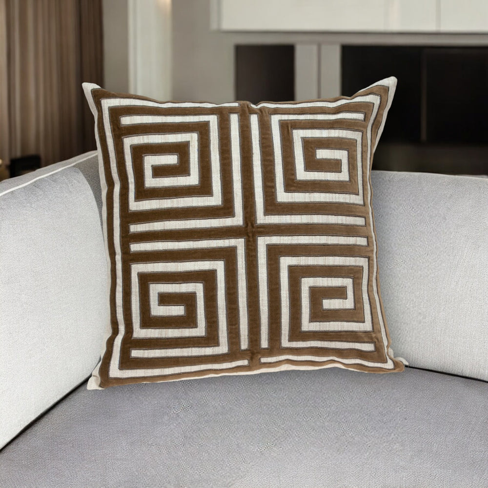 Homeroots 22" Beige And Brown Geometric Cotton Blend Throw Pillow With Applique   529211