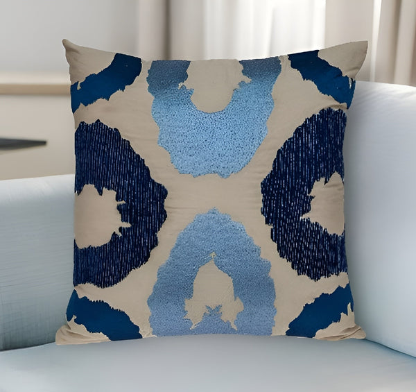 Homeroots 22" Beige And Blue Abstract Cotton Throw Pillow – Stylish Embroidered Comfort For Your Home Decor   529212