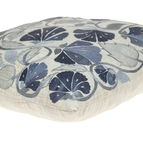Homeroots 22" Blue And Beige Floral Cotton Throw Pillow With Embroidery   529222