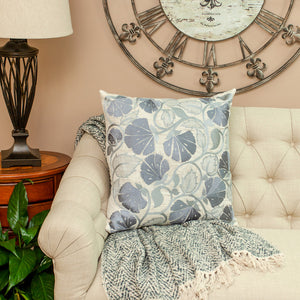 Homeroots 22" Blue And Beige Floral Cotton Throw Pillow With Embroidery   529222