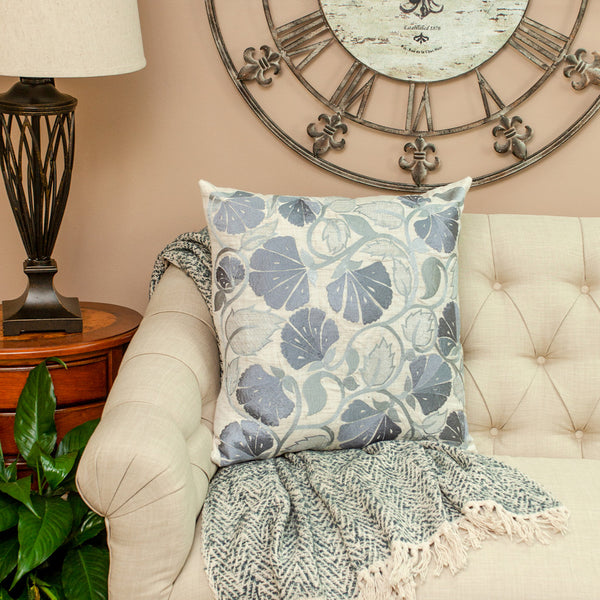 Homeroots 22" Blue And Beige Floral Cotton Throw Pillow With Embroidery   529222