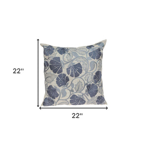 Homeroots 22" Blue And Beige Floral Cotton Throw Pillow With Embroidery   529222