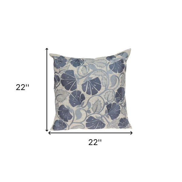 Homeroots 22" Blue And Beige Floral Cotton Throw Pillow With Embroidery   529222