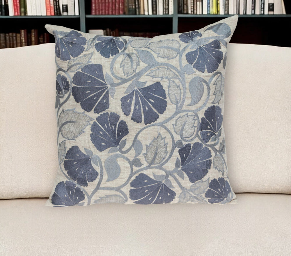 Homeroots 22" Blue And Beige Floral Cotton Throw Pillow With Embroidery   529222