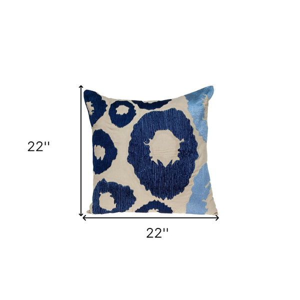 Homeroots 22" Blue And Beige Abstract Cotton Throw Pillow - Cozy Embroidered Accent For Stylish Home Decor   529223