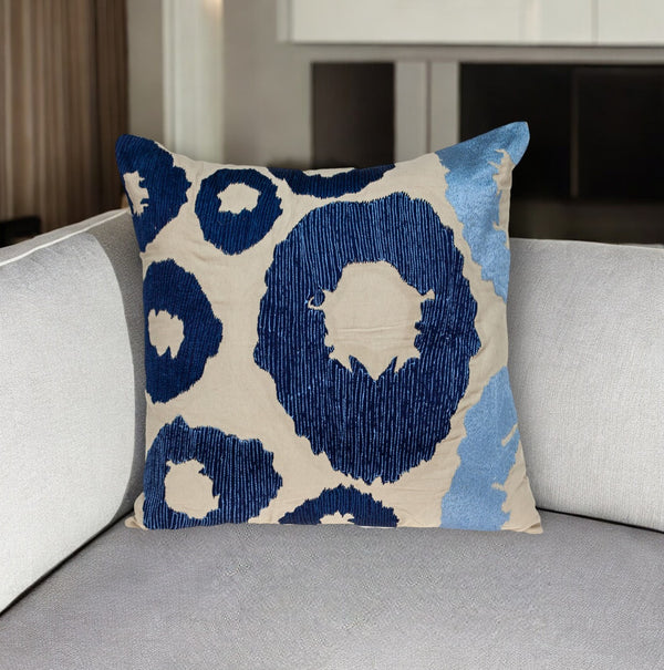 Homeroots 22" Blue And Beige Abstract Cotton Throw Pillow - Cozy Embroidered Accent For Stylish Home Decor   529223