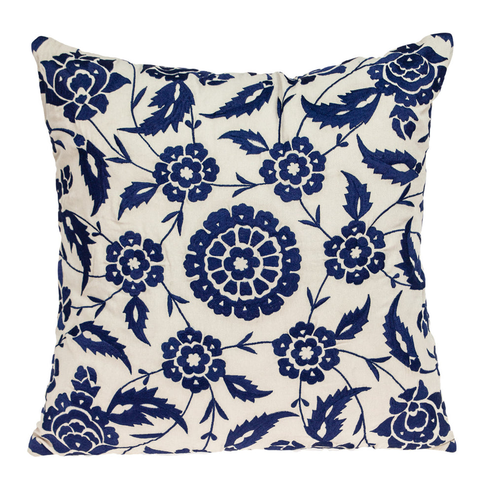 Homeroots 22" Beige And Blue Floral Cotton Throw Pillow With Embroidery   529230