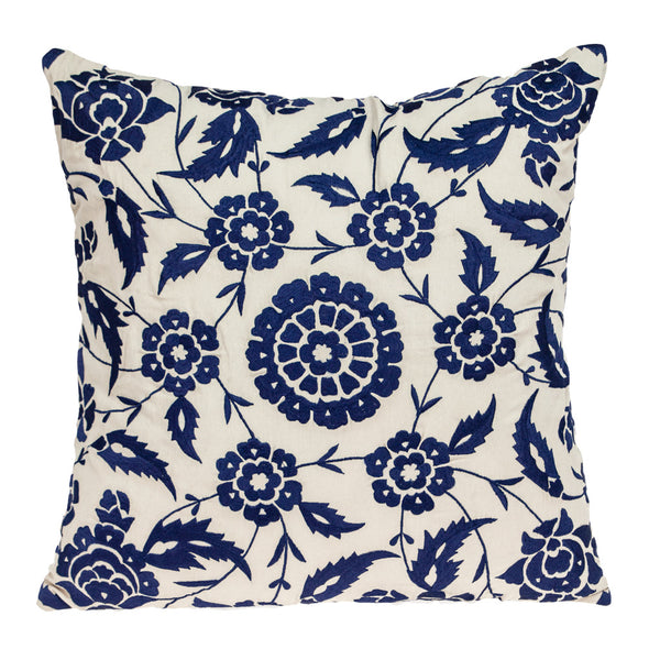 Homeroots 22" Beige And Blue Floral Cotton Throw Pillow With Embroidery   529230