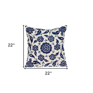 Homeroots 22" Beige And Blue Floral Cotton Throw Pillow With Embroidery   529230