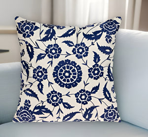 Homeroots 22" Beige And Blue Floral Cotton Throw Pillow With Embroidery   529230
