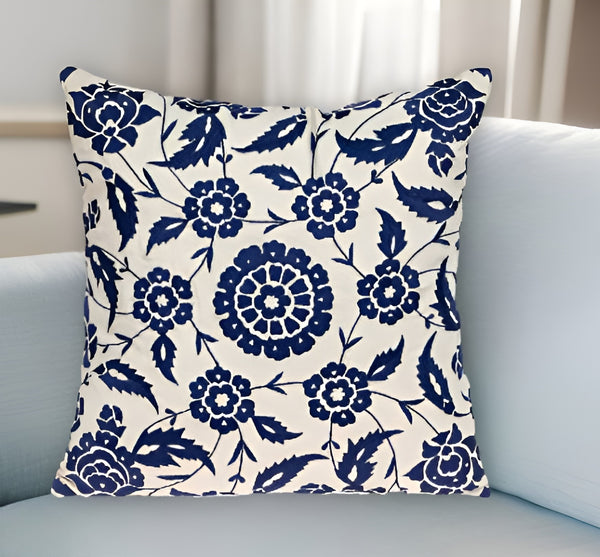 Homeroots 22" Beige And Blue Floral Cotton Throw Pillow With Embroidery   529230