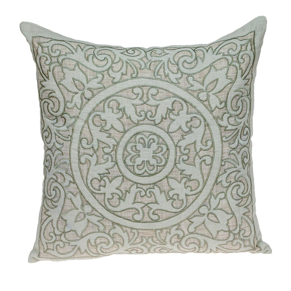Homeroots 22" Beige And Green Damask Linen Blend Throw Pillow With Embroidery And Applique   529237