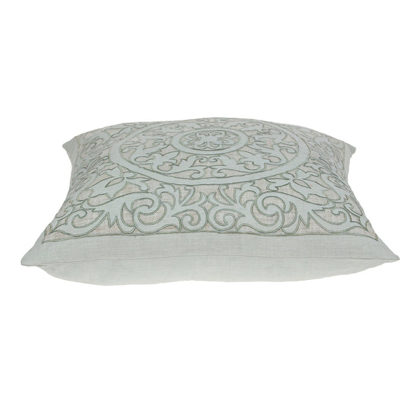 Homeroots 22" Beige And Green Damask Linen Blend Throw Pillow With Embroidery And Applique   529237
