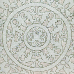 Homeroots 22" Beige And Green Damask Linen Blend Throw Pillow With Embroidery And Applique   529237