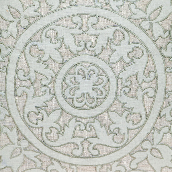 Homeroots 22" Beige And Green Damask Linen Blend Throw Pillow With Embroidery And Applique   529237