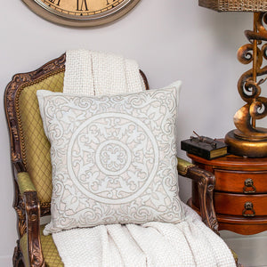 Homeroots 22" Beige And Green Damask Linen Blend Throw Pillow With Embroidery And Applique   529237