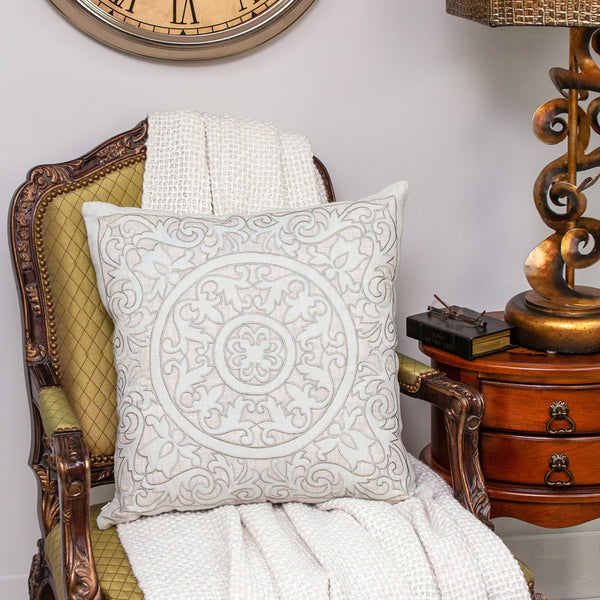 Homeroots 22" Beige And Green Damask Linen Blend Throw Pillow With Embroidery And Applique   529237