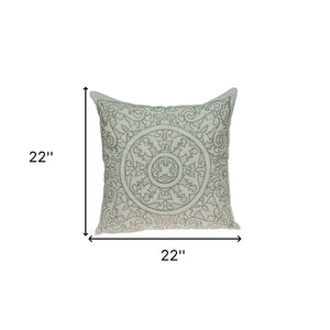 Homeroots 22" Beige And Green Damask Linen Blend Throw Pillow With Embroidery And Applique   529237