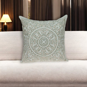 Homeroots 22" Beige And Green Damask Linen Blend Throw Pillow With Embroidery And Applique   529237