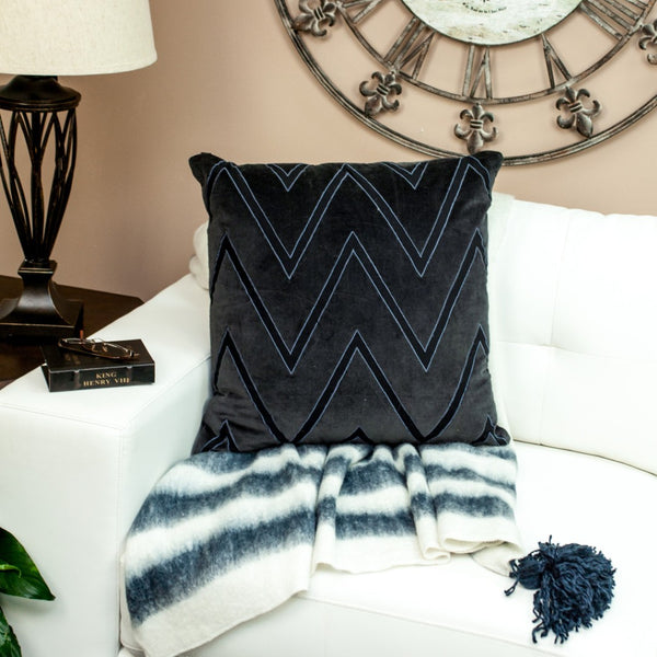 Homeroots 22" Stylish Black And Blue Cotton Throw Pillow With Embroidery, Applique, And Soft Polyfill Comfort   529238