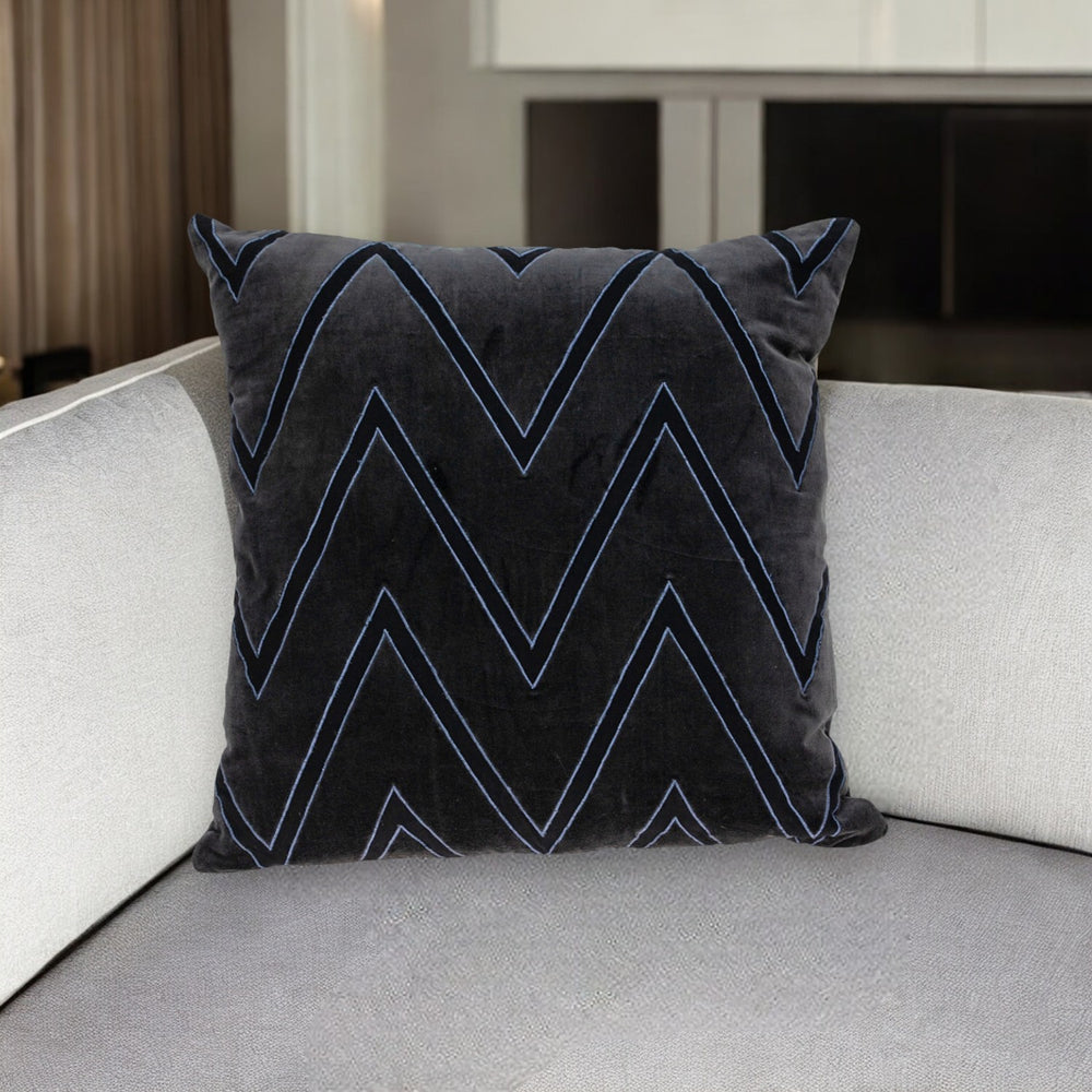 Homeroots 22" Stylish Black And Blue Cotton Throw Pillow With Embroidery, Applique, And Soft Polyfill Comfort   529238
