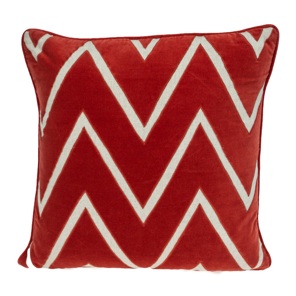 Homeroots 22" Beige And Red Zigzag Cotton Throw Pillow With Embroidery And Applique   529239