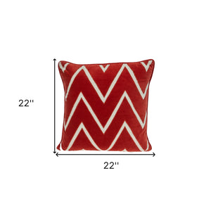 Homeroots 22" Beige And Red Zigzag Cotton Throw Pillow With Embroidery And Applique   529239