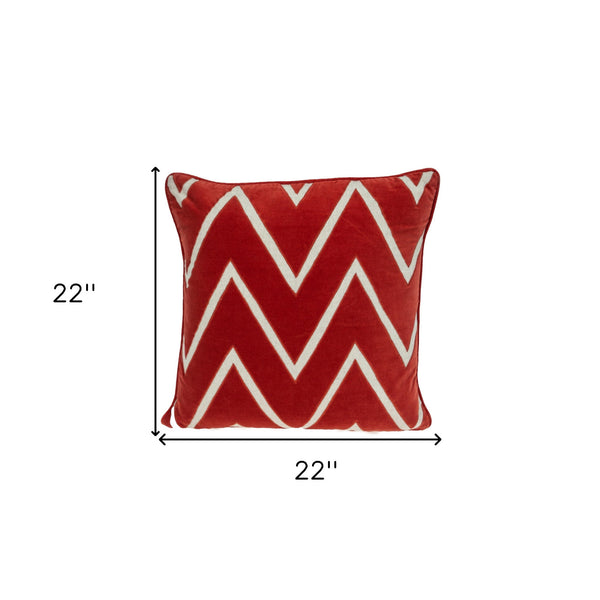 Homeroots 22" Beige And Red Zigzag Cotton Throw Pillow With Embroidery And Applique   529239