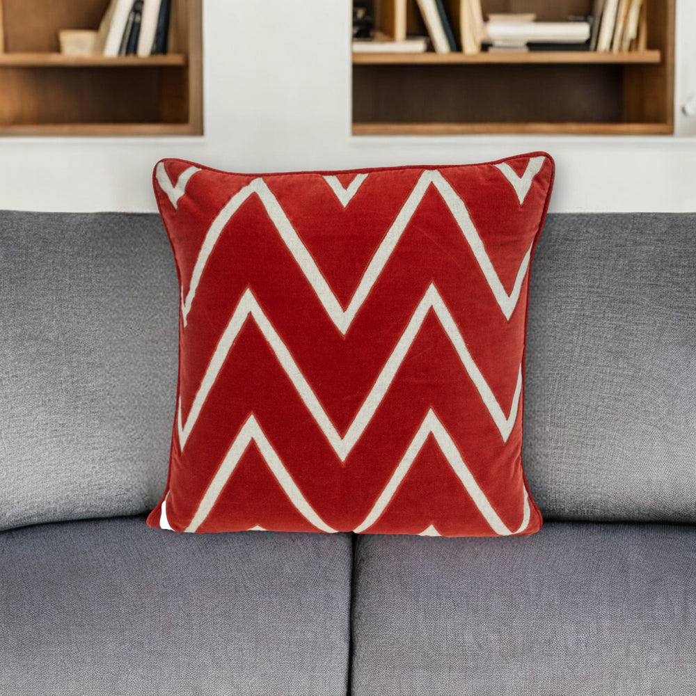 Homeroots 22" Beige And Red Zigzag Cotton Throw Pillow With Embroidery And Applique   529239