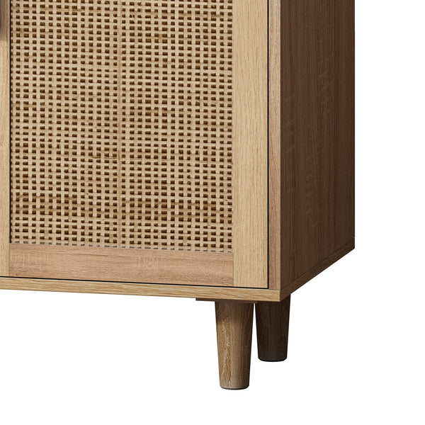 English Elm 62.20"Elegant 4-Door Rattan Storage Cabinet with Solid Wood Legs, Spacious Shelves & Easy Assembly Natural W757P190066