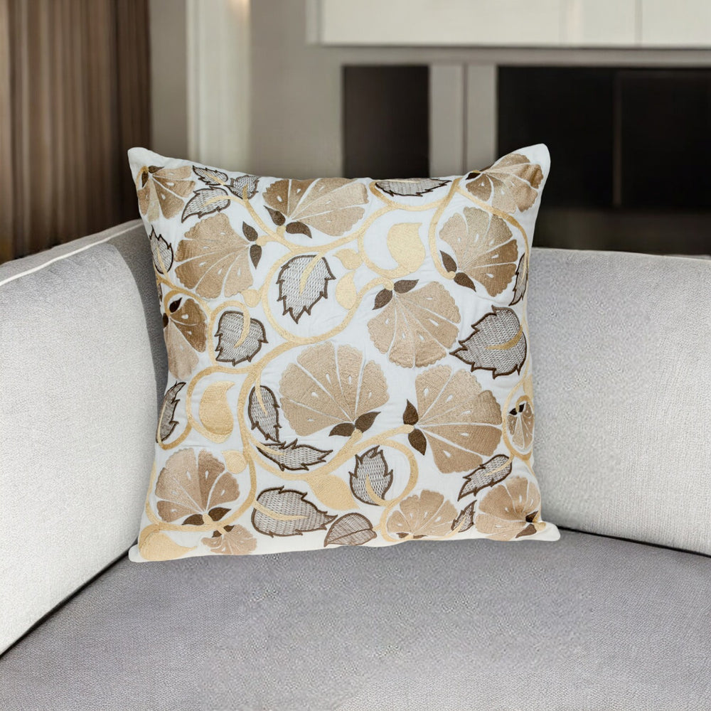 Homeroots 22" Gold And White Floral Cotton Throw Pillow - Cozy Embroidered Design For Elegant Home Décor   529243