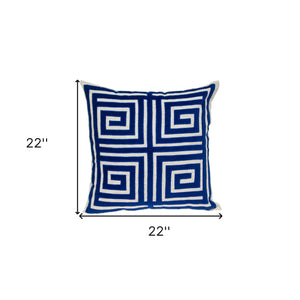 Homeroots 22" Beige And Blue Poly Cotton Blend Throw Pillow With Embroidery And Applique   529251