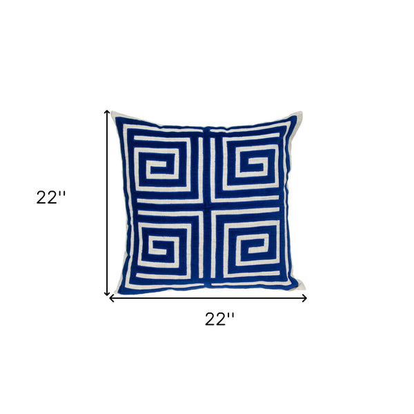 Homeroots 22" Beige And Blue Poly Cotton Blend Throw Pillow With Embroidery And Applique   529251