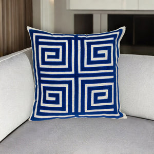 Homeroots 22" Beige And Blue Poly Cotton Blend Throw Pillow With Embroidery And Applique   529251