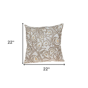 Homeroots 22" Brown And White Cotton Throw Pillow With Embroidery   529252