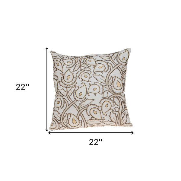 Homeroots 22" Brown And White Cotton Throw Pillow With Embroidery   529252