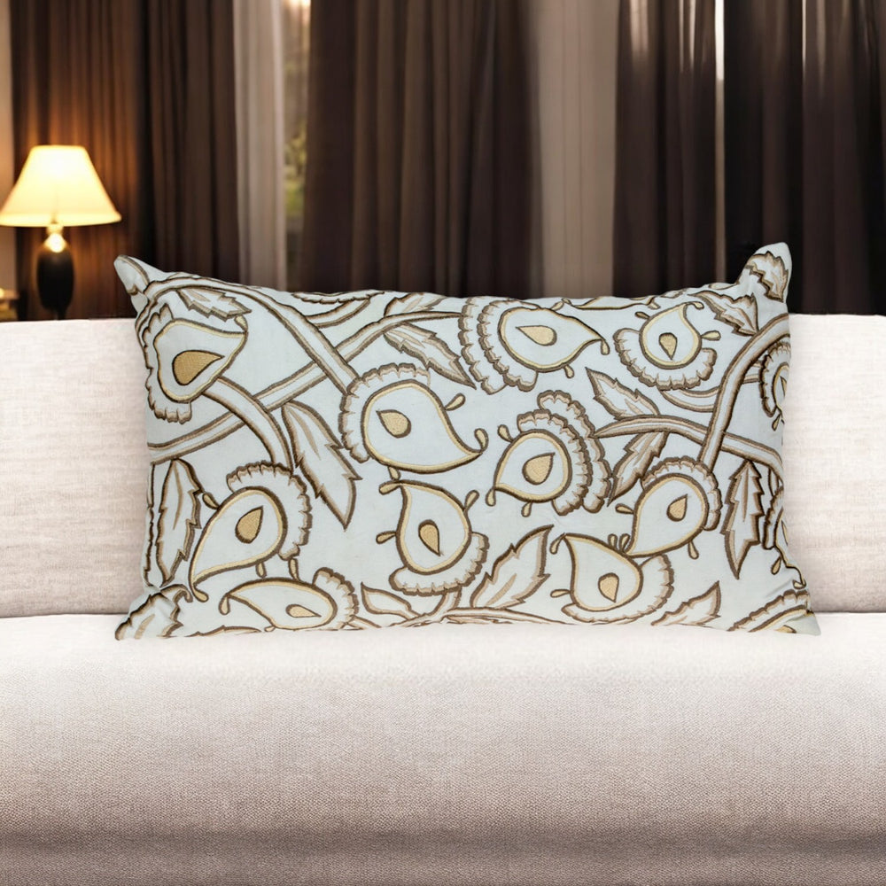 Homeroots 14" Brown And White Cotton Lumbar Throw Pillow With Embroidery - Soft, Durable, Stylish Accent Piece   529253