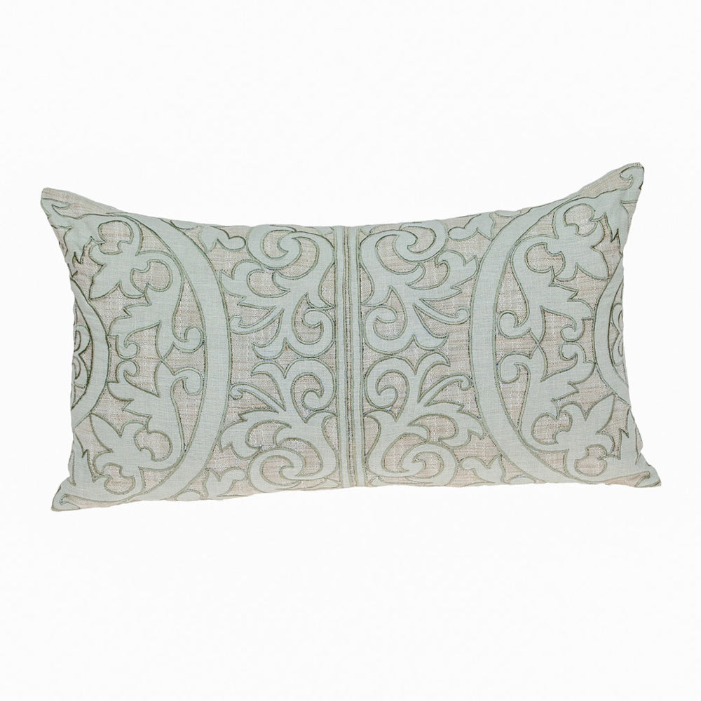 Homeroots 14" X 24" Beige And Green Linen Lumbar Throw Pillow With Embroidery   529263