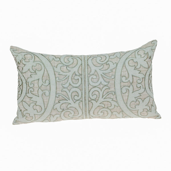 Homeroots 14" X 24" Beige And Green Linen Lumbar Throw Pillow With Embroidery   529263