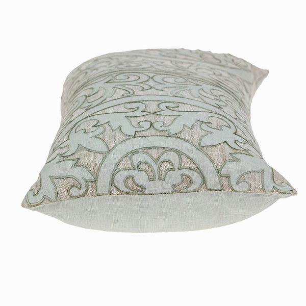 Homeroots 14" X 24" Beige And Green Linen Lumbar Throw Pillow With Embroidery   529263
