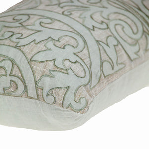 Homeroots 14" X 24" Beige And Green Linen Lumbar Throw Pillow With Embroidery   529263