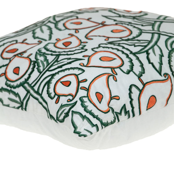 Homeroots 22" Green And White Cotton Throw Pillow With Embroidery   529264