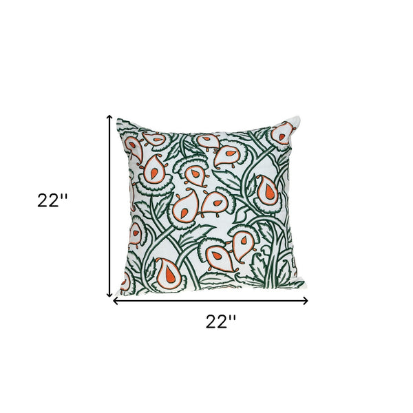 Homeroots 22" Green And White Cotton Throw Pillow With Embroidery   529264