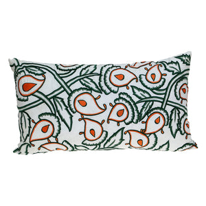 Homeroots 14" X 24" Green And White Cotton Lumbar Throw Pillow With Embroidery   529265