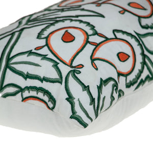 Homeroots 14" X 24" Green And White Cotton Lumbar Throw Pillow With Embroidery   529265