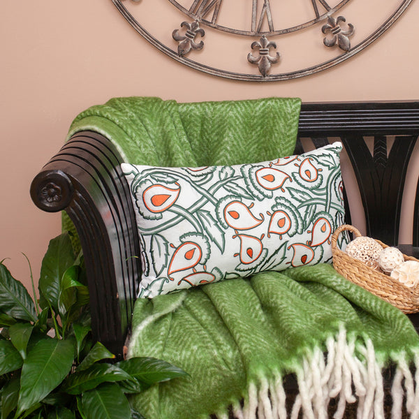 Homeroots 14" X 24" Green And White Cotton Lumbar Throw Pillow With Embroidery   529265